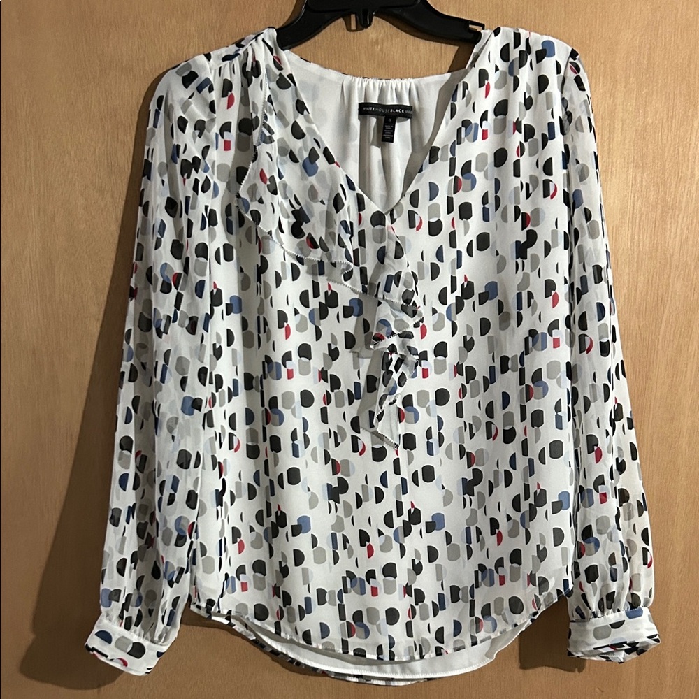 White House Black Market White V-Neck Blouse with Navy and Red Accents